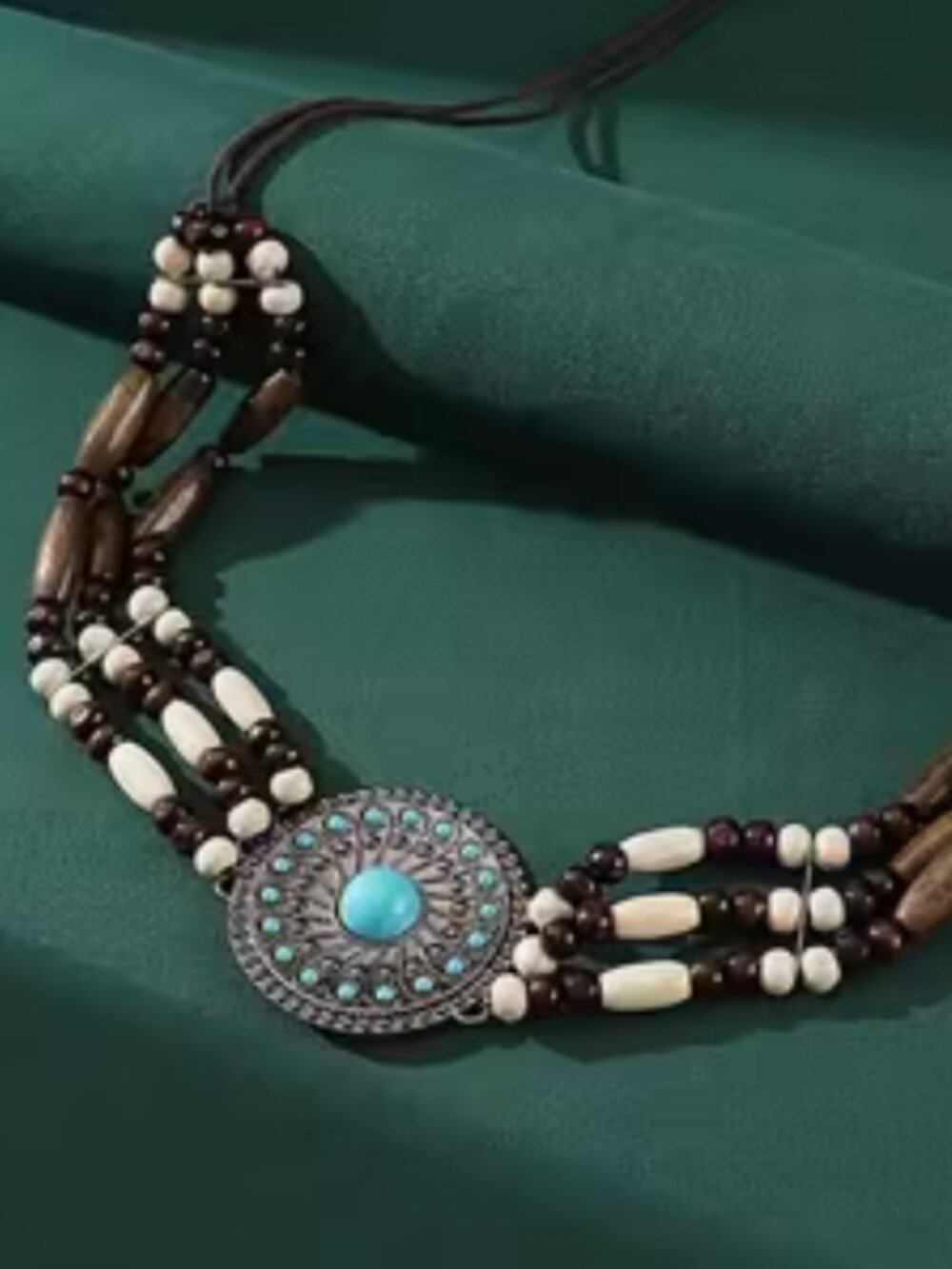 Boho Turquoise Medallion Wood Beaded Necklace - Fashion Jewelry
